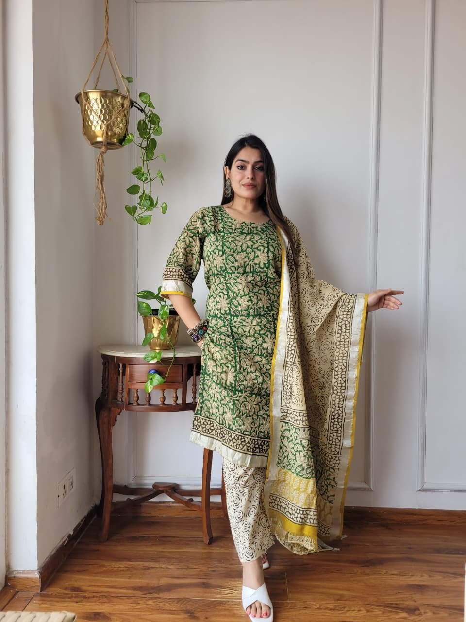 Green Bagru Hand Block Printed Linen Suit Set